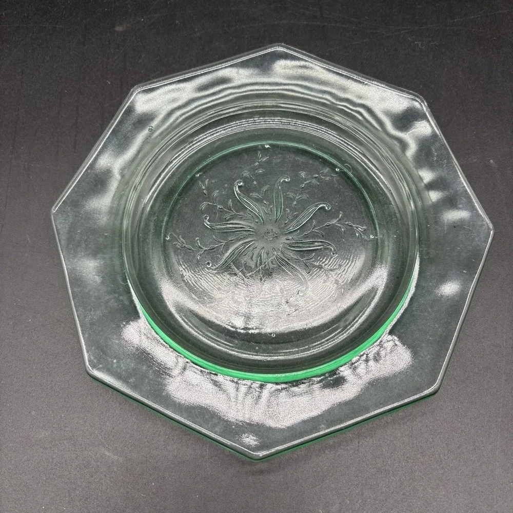Vintage Uranium Vaseline Glass Octagonal Plate Floral Etched 7.5